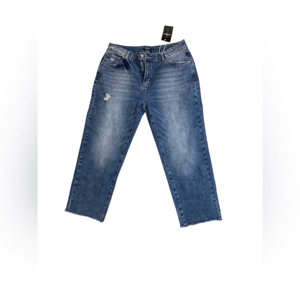 Flamingals Relaxed Straight Jeans XL Blue Distressed Raw Hem NWT
